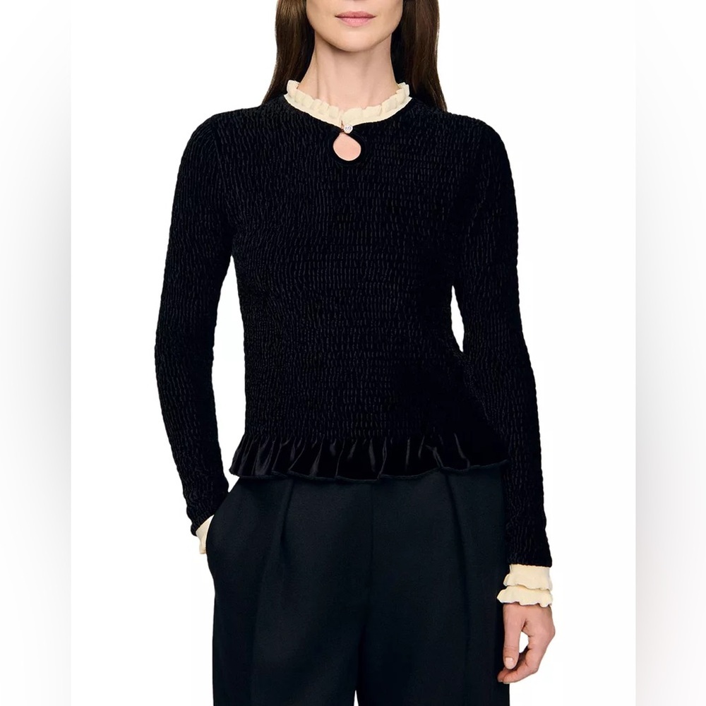 Sandro Black Long-Sleeve Ruffle-Trim Top with Cream Accents